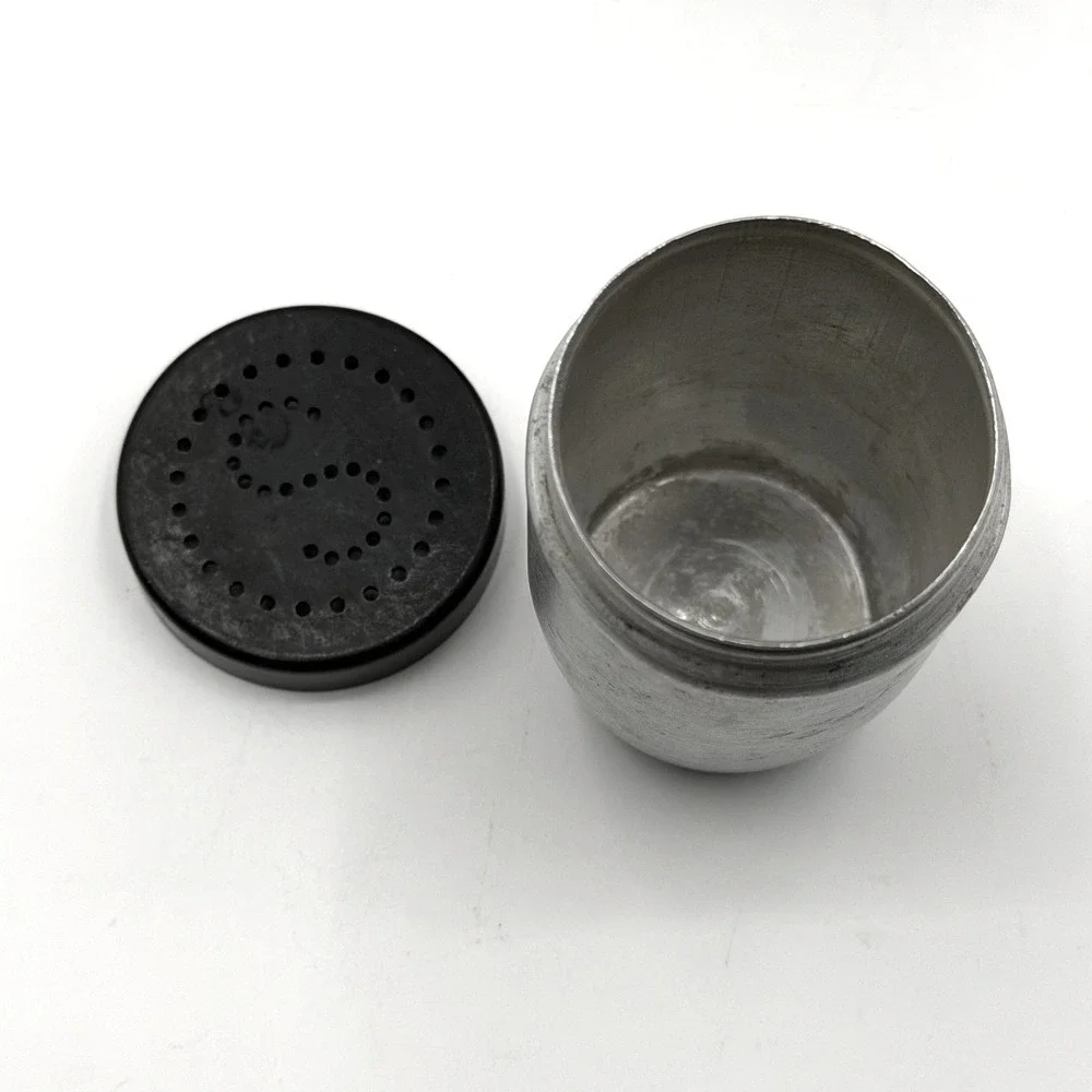 Vintage Mid Century Modern Aluminum Salt and Pepper Shakers Black Lids S P Set‎